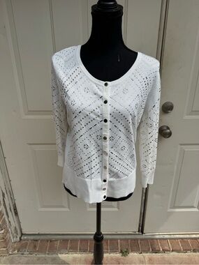 White, Eyelet Button-Front, Cardigan Sweater